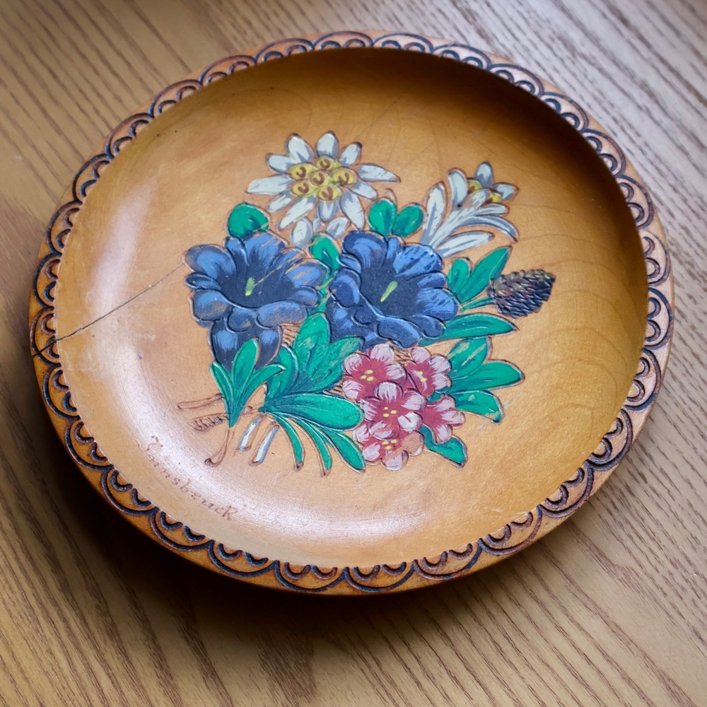 Vintage Innsbruck Austria Hand Painted Wooden Floral Wall Plate Edelweiss 7in
